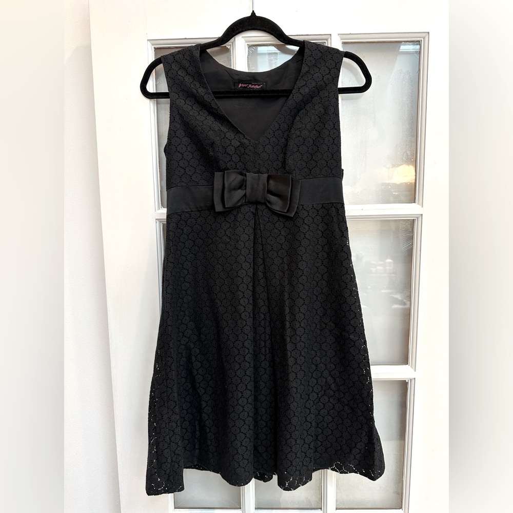 Vintage Y2K Betsey Johnson Black Lace Silk Whimsigoth Babydoll Bow Dress Size 2